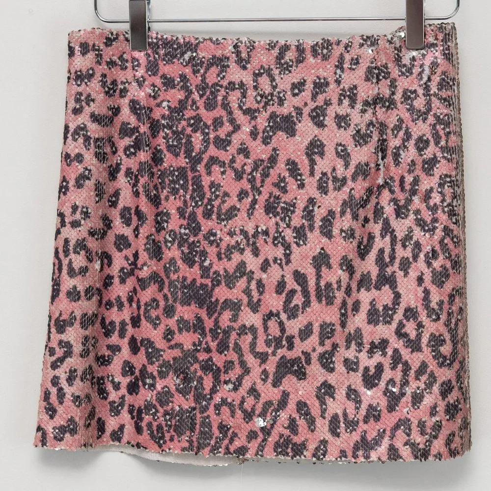 Free People Skinny Sequin Skirt Mini Cheetah Animal Print Pink Grey Size 2 New